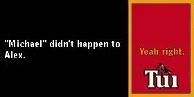 The text Micahel didn't happen to Alex. is against a black background. To the right is a red background that reads Yeah right.