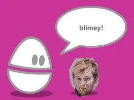 Weebl, an egg shaped character, from the animated series Weebl and Bob alongside a picture of Bob Hardy's head.